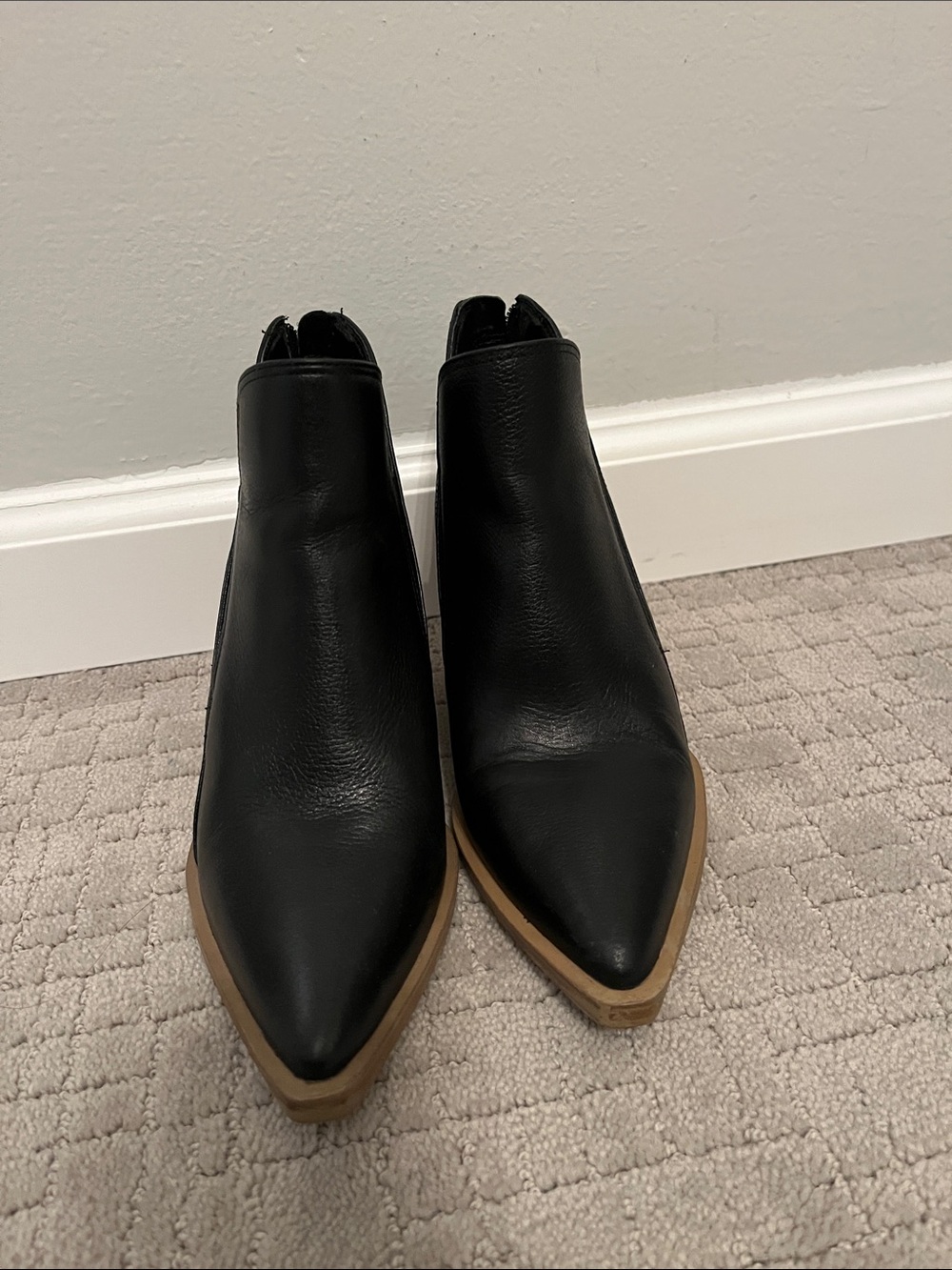 Vince Camuto Black Pointed Toe Ankle Booties with Tan Welt